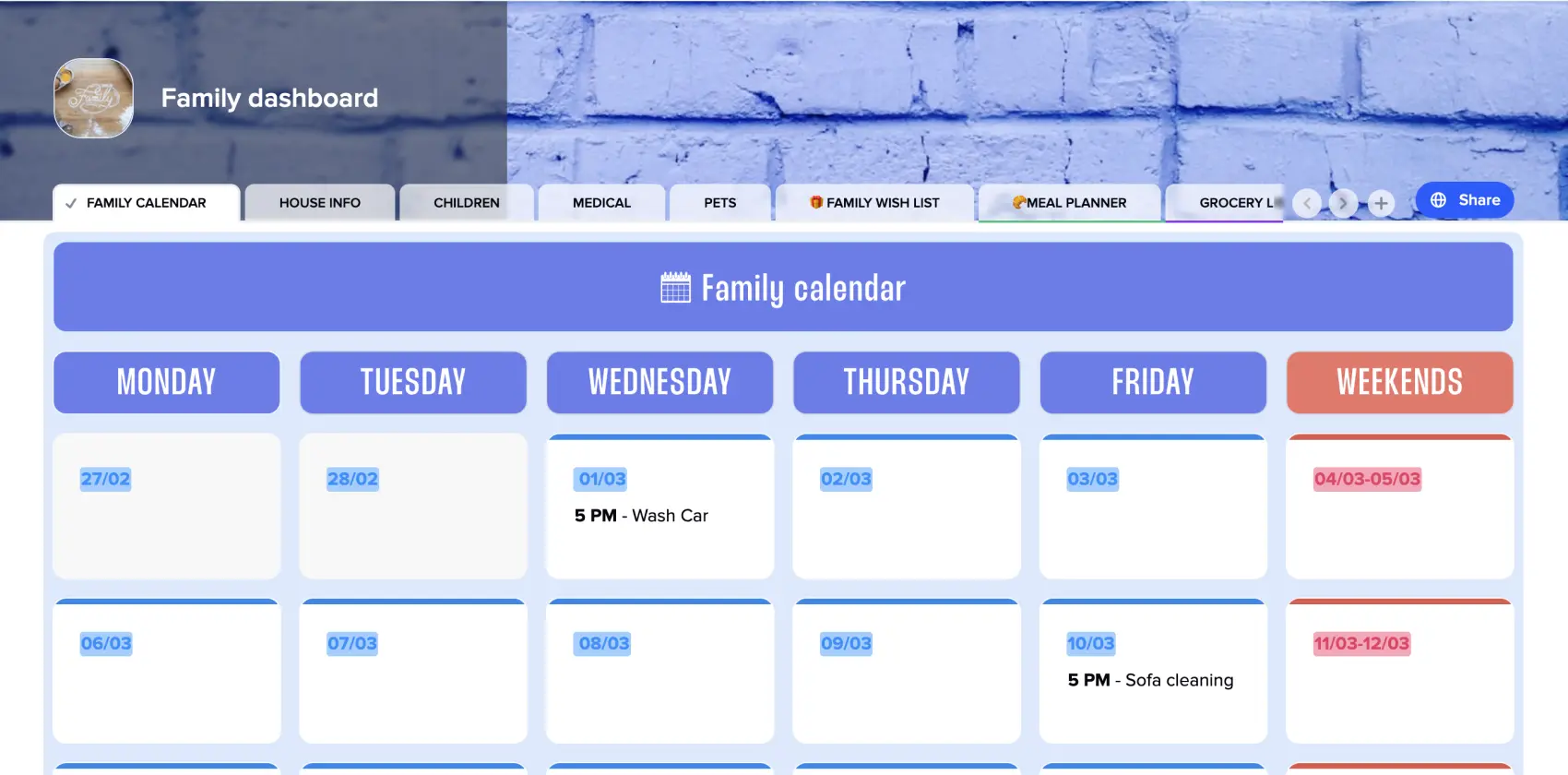 free family dashboard template